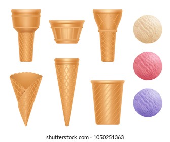 Realistic cones scoops and three flavors of ice cream vector illustration