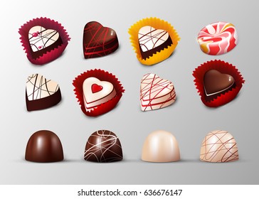 Realistic confectionery and pastry elements set with chocolate candies in heart shape packaging and lollipop isolated vector illustration