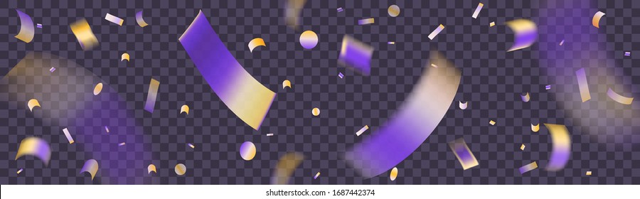 Realistic confetti background, festive banner template for social media or site header. Holographic foil confetti on transparent dark background. Vector illustration in realistic style.