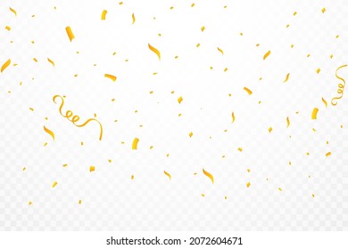 Realistic confetti background vector. Golden celebration confetti ribbon falling illustration. Golden bright confetti isolated on transparent background. Festival elements. Birthday celebration.