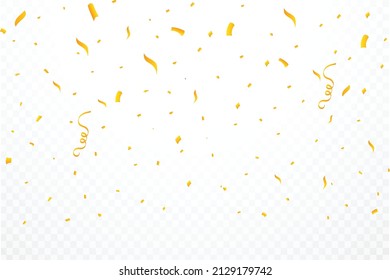 Realistic confetti background vector. Golden celebration confetti ribbon falling illustration. Golden bright confetti isolated on transparent background. Festival elements. Birthday celebration.