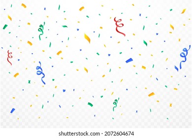 Realistic confetti background vector. Multicolor celebration confetti ribbon falling illustration. Colorful bright confetti isolated on transparent background. Festival elements. Birthday celebration.