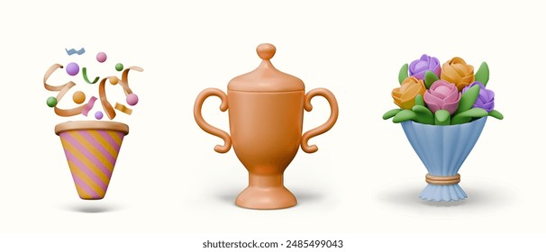 Realistic confetti cone cracker, gold cup in vintage style, bouquet of flowers