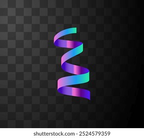 Realistic confetti, holographic curly ribbon icon. Rainbow gradient narrow undulating tape. Vector illustration isolated on black. Serpentine decoration for holiday festive design