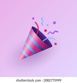 Realistic confetti party popper icon, fireworks logo, cap. Vector illustration.