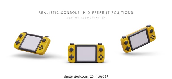 Realistic console in different positions. Wireless gaming device with buttons, screen. Gadget for two hands. Digital game with joystick. Set of images for web design