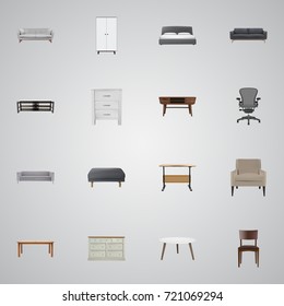 Realistic Console, Table, Chair And Other Vector Elements. Set Of Design Realistic Symbols Also Includes Armchair, Office, Commode Objects.