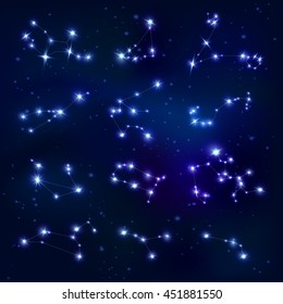 Realistic constellations zodiac signs collection with gemini leo pesces sagittarius on blue starry background isolated vector illustration