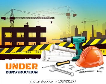 Realistic construction background with under construction headline and different equipment on front side vector illustration