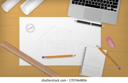 Antecedentes realistas de construcción con titulares en construcción y equipo diferente en ilustración de vector en el lado frontal