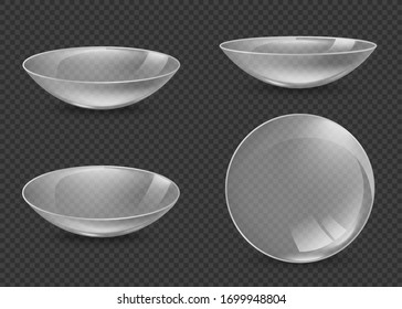 Realistic contact lens set from side and top view isolated on transparent background. Clear eye vision correction lenses collection - vector illustration.