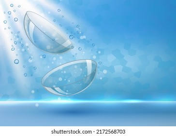 Realistic contact lenses for eyes in splashing water vector illustration. Ads poster or banner design template. Clear and closeup view mockup. Optic material for vision correction svg