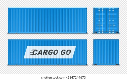 Un contenedor realista azul. Colección de imágenes para crear imágenes 3d. Transporte de mercancías en contenedores, comercio internacional y carga. Ilustraciones vectoriales planas aisladas en fondo transparente