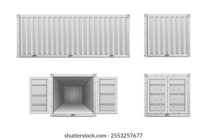 Realistic containers for goods storage and transportation of goods, package boxes set vector illustration. Industrial cargo shipping containers, logistics boxes to store and distribution of products