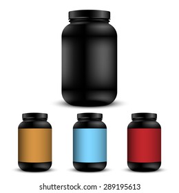 Realistic containers for sports nutrition. Vector set