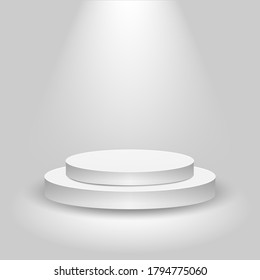 Realistic contest stage, empty white podium, place for product placement for presentation, winner podium or stage on gray background, vector