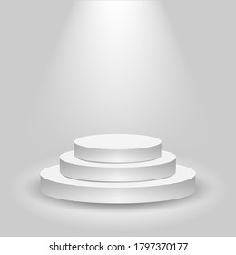 Realistische Wettbühne, leeres weißes Podium, Platz für die Produktplatzierung zur Präsentation, Sieger-Podium oder Bühne auf grauem Hintergrund, Vektorgrafik