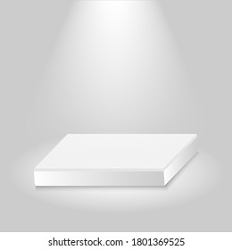 Escenario de concurso realista, podio blanco vacío, lugar de colocación de productos para presentación, podio ganador o escenario sobre fondo gris, vector