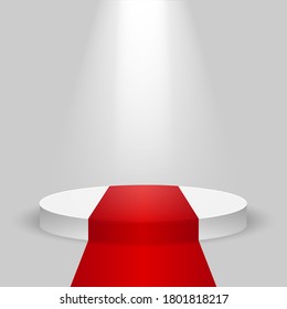 Realistic contest stage, empty white podium with red carpet, place for product placement for presentation, winner podium or stage on gray background, vector