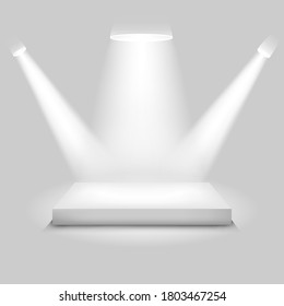 Realistic contest stage, empty white podium, place for product placement for presentation, winner podium or stage on gray background, vector