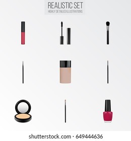 Realistic Contour Style Kit, Blusher, Beauty Accessory And Other Vector Elements. Set Of Cosmetics Realistic Symbols Also Includes Foundation, Makeup, Lipstick Objects.