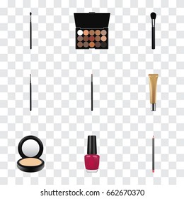 Realistic Contour Style Kit, Blusher, Varnish And Other Vector Elements. Set Of Greasepaint Realistic Symbols Also Includes Lips, Polish, Nail Objects.