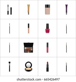 Realistic Contour Style Kit, Blusher, Varnish And Other Vector Elements. Set Of Cosmetics Realistic Symbols Also Includes Concealer, Pomade, Multicolored Objects.