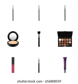Realistic Contour Style Kit, Brush, Multicolored Palette And Other Vector Elements. Set Of Cosmetics Realistic Symbols Also Includes Tassel, Highlight, Lips Objects.