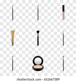 Realistic Contour Style Kit, Eye Paintbrush, Fashion Equipment And Other Vector Elements. Set Of Maquillage Realistic Symbols Also Includes Lips, Makeup, Collagen Objects.