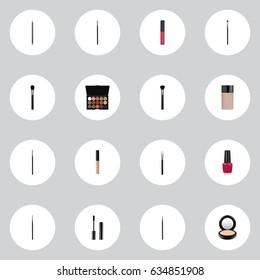 Realistic Contour Style Kit, Eyelashes Ink, Cover And Other Vector Elements. Set Of Greasepaint Realistic Symbols Also Includes Powder, Cover, Pomade Objects.