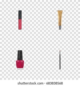 Realistic Contour Style Kit, Liquid Lipstick, Collagen Tube And Other Vector Elements. Set Of Greasepaint Realistic Symbols Also Includes Brow, Varnish, Brush Objects.