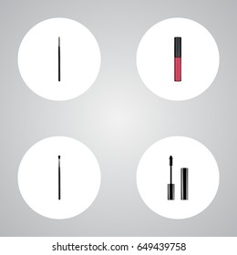 Realistic Contour Style Kit, Make-Up Product, Liquid Lipstick And Other Vector Elements. Set Of Realistic Symbols Including Mascara, Contour, Ink Objects.