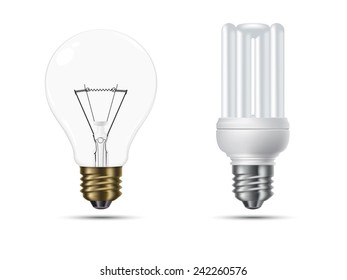 Realistic conventional and energy saving light bulbs opposed, isolated on white background vector illustration