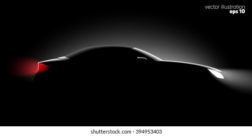 realistic convertible with the roof up, side view in the dark