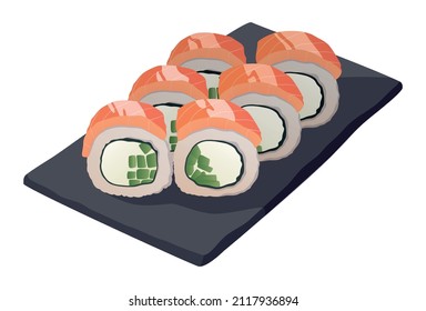 Realistic cooked sushi rolls white background - Vector illustration