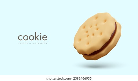 Realistic cookie sandwich with chocolate filling. Textured vector image. Advertising concept on colored background. Traditional sweet pastries, fast food