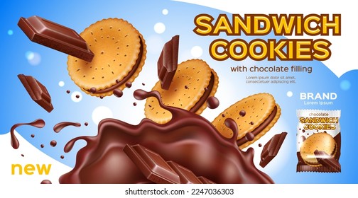 Realistic cookies. 3d falling sandwich crackers with chocolate cream layer, isolated sweet round biscuits in cocoa splashes, promo banner, bakery snack product ad, utter vector concept