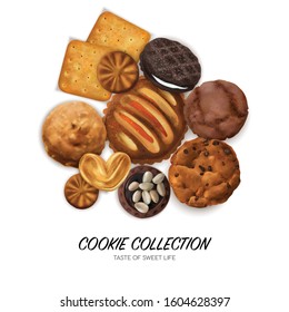 Realistic cookies concept with chocolate sandwich and hearts cookies vector illustration