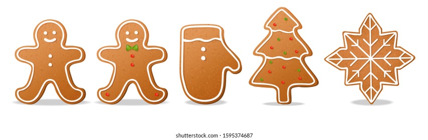 Realistic cookies set isolated, white background, dough elements, cookies, merry christmas, celebration banner vector illustration