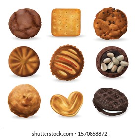 Realistic cookies set with peanuts vanilla and chocolate isolated vector illustration