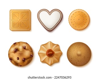 Realistic cookies. Sweet variety biscuits, cream and glazed, top view bakery products, homemade delicious crackers with chocolate and jam, 3d isolated elements, utter vector set