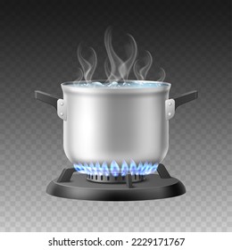 Cocina realista que hierve el agua. Pozo de acero calentado sobre quemador de gas, aislado sobre fondo transparente de cocina 3d plateada con burbujas, humo líquido a temperatura caliente elevando el concepto de vector absoluto