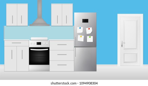 Realistic cooking room interior. Vector illustration. Eps 10.