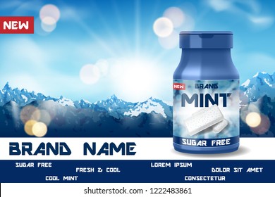 Realistic cool mint gum poster ads for your design. freshen breath Chewing pads gum package product retro style with mountain background. Vector 3d illustration