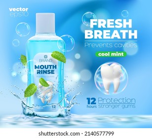 Realistic cool mint mouth rinse or mouthwash bottle with water splash, vector mint leaves and tooth. Oral care dental mouthwash for white teeth, gum and cavity protection with mint flavor
