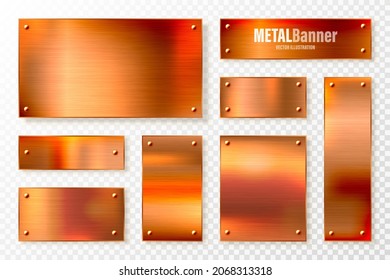 Realistic copper banners collection. Brushed stainless steel plate with rivets. Polished metal surface. Scratched industrial texture, metal background. Vector illustration.