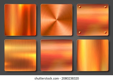 Realistic copper banners collection. Brushed stainless steel plate. Polished metal surface. Scratched industrial texture, metal background. Vector illustration.