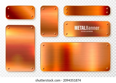 Realistic copper banners collection. Brushed stainless steel plate with rivets. Polished metal surface. Scratched industrial texture, metal background. Vector illustration.