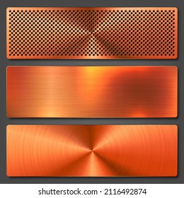 Realistic copper banners collection. Brushed stainless steel plate. Polished metal surface. Scratched industrial texture, metal background. Vector illustration.