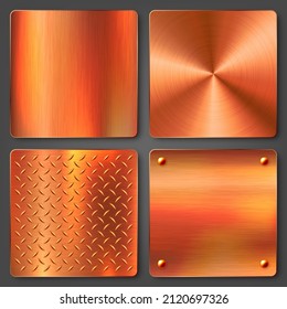 Realistic copper banners collection. Brushed stainless steel plate. Polished metal surface. Scratched industrial texture, metal background. Vector illustration.